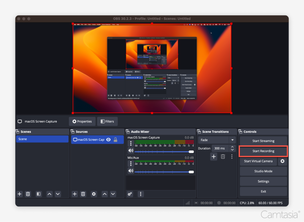 OBS Studio with multiple scenes, sources, and recording controls