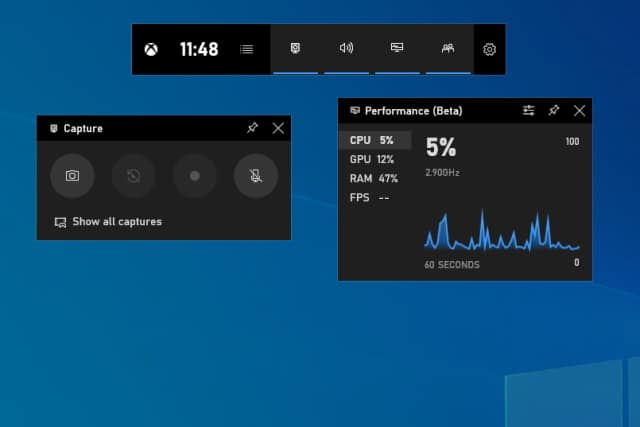 Xbox Game Bar Capture widget with Record button highlighted