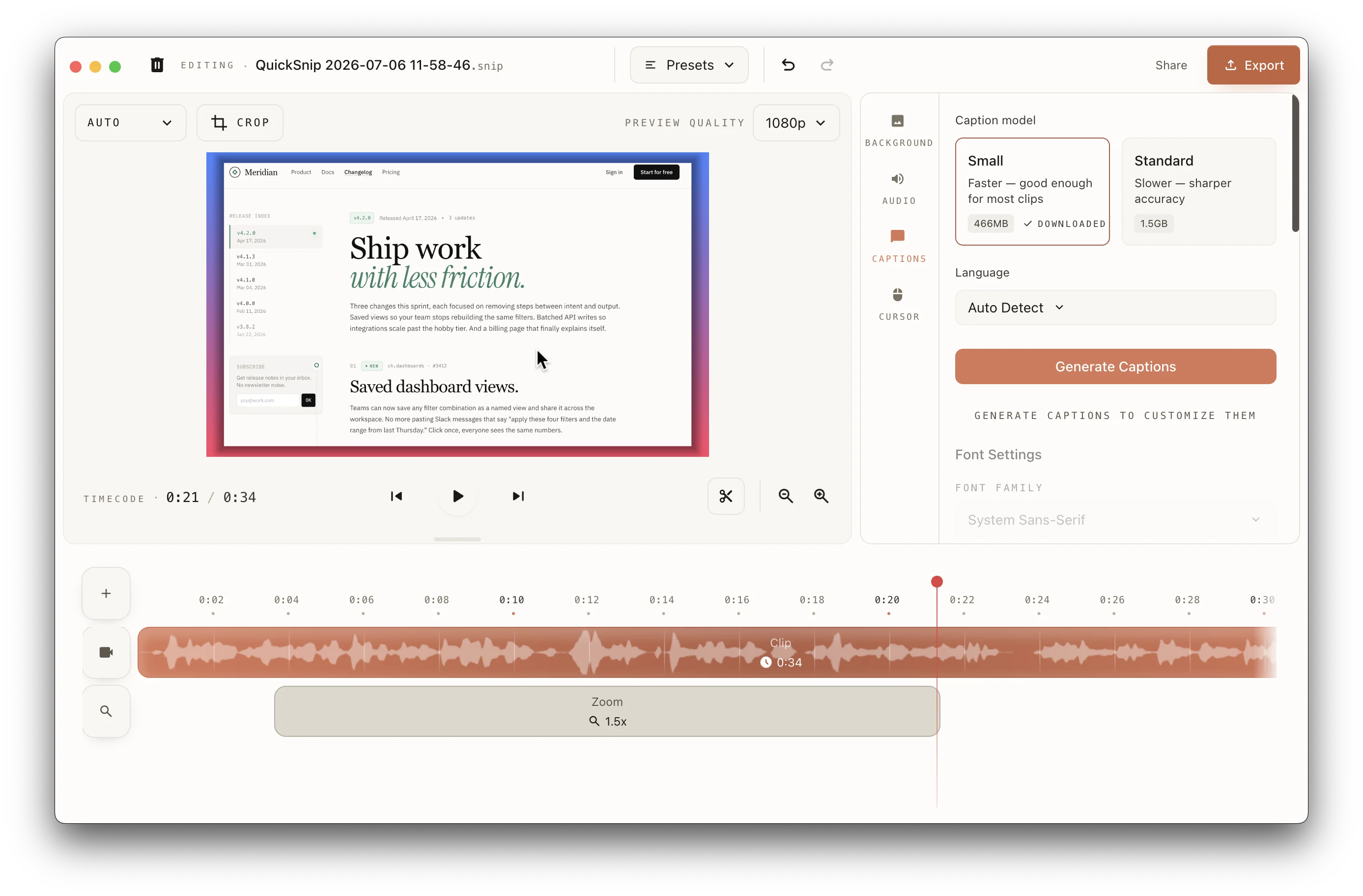 QuickSnip studio editor Captions tab showing transcription model selection, language options, and generate button
