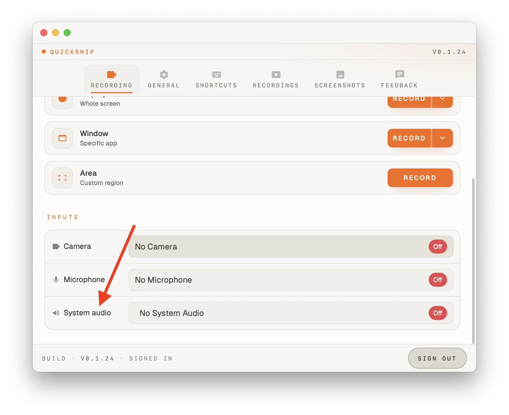 QuickSnip recording panel showing audio controls and system audio toggle