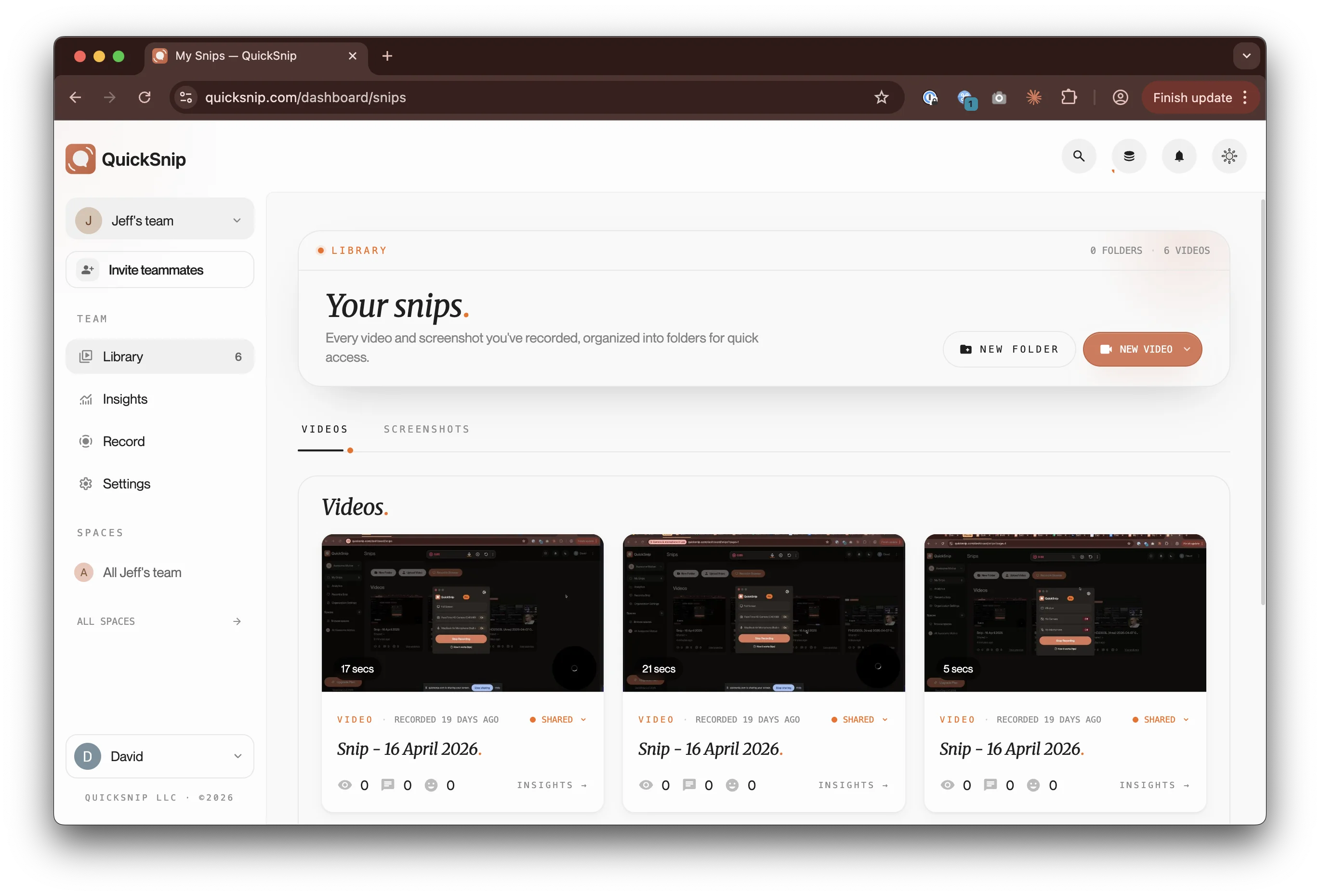 QuickSnip dashboard showing recordings with share links
