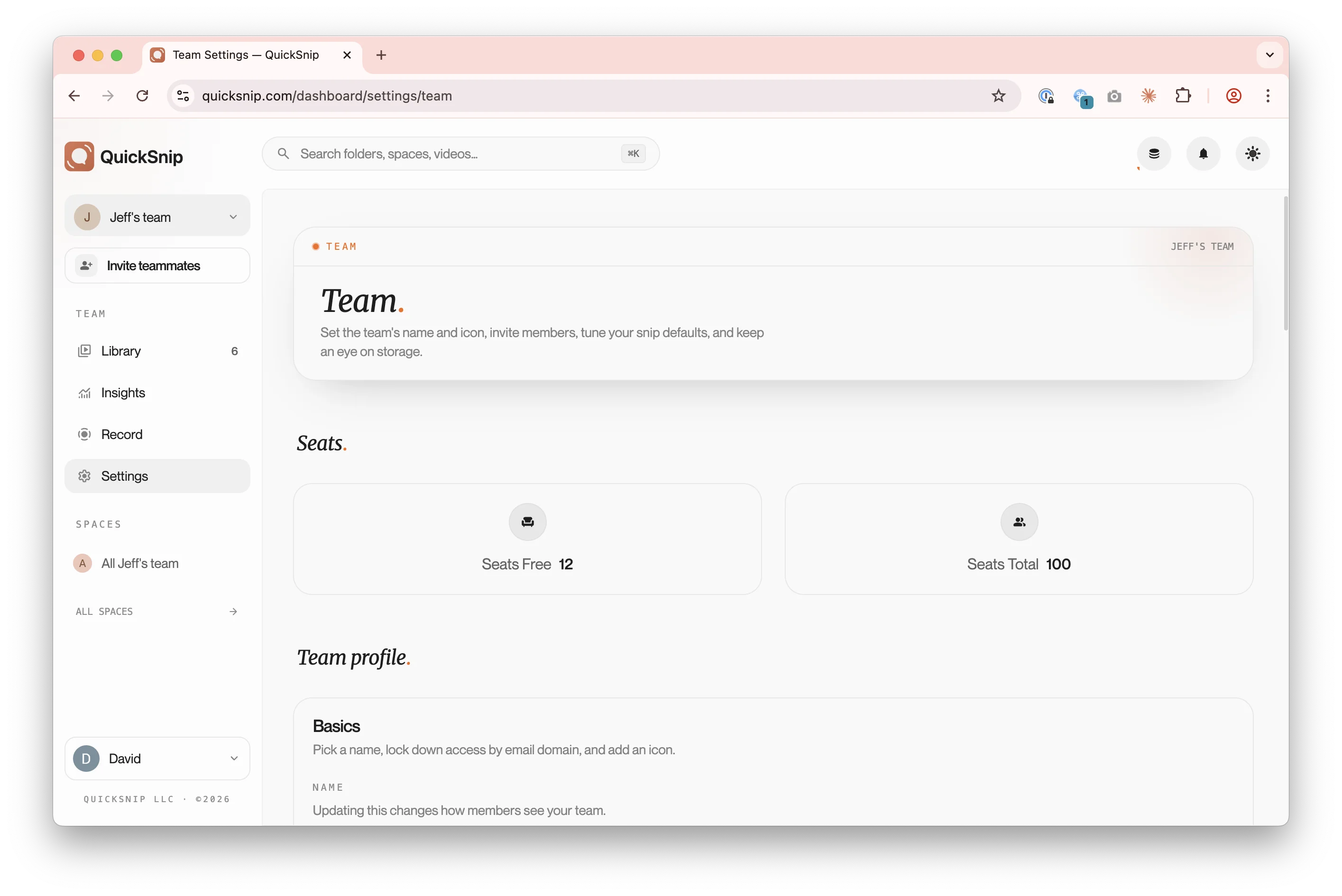 Organization Settings page showing current plan and storage usage