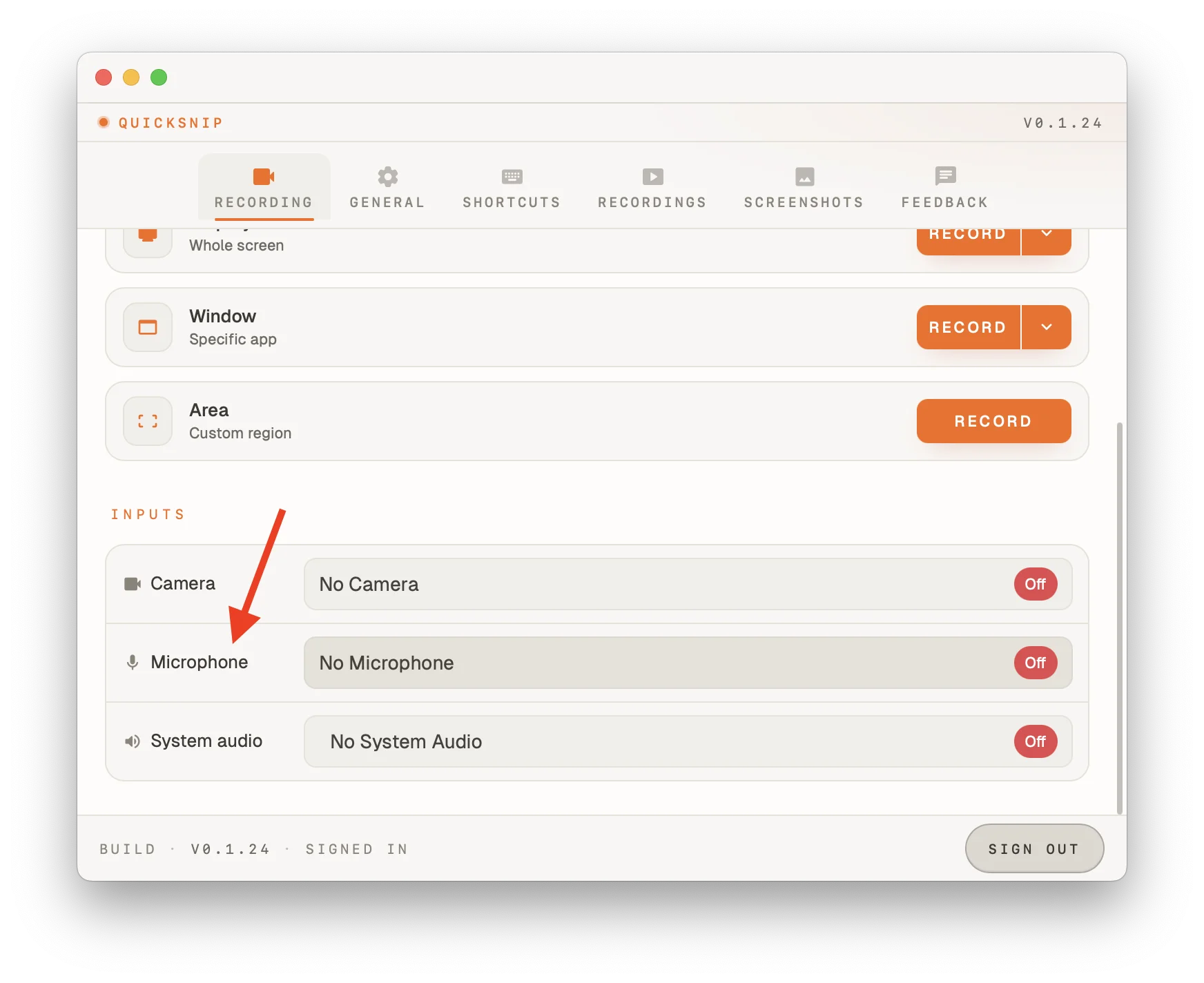 QuickSnip microphone selection dropdown showing available audio input devices