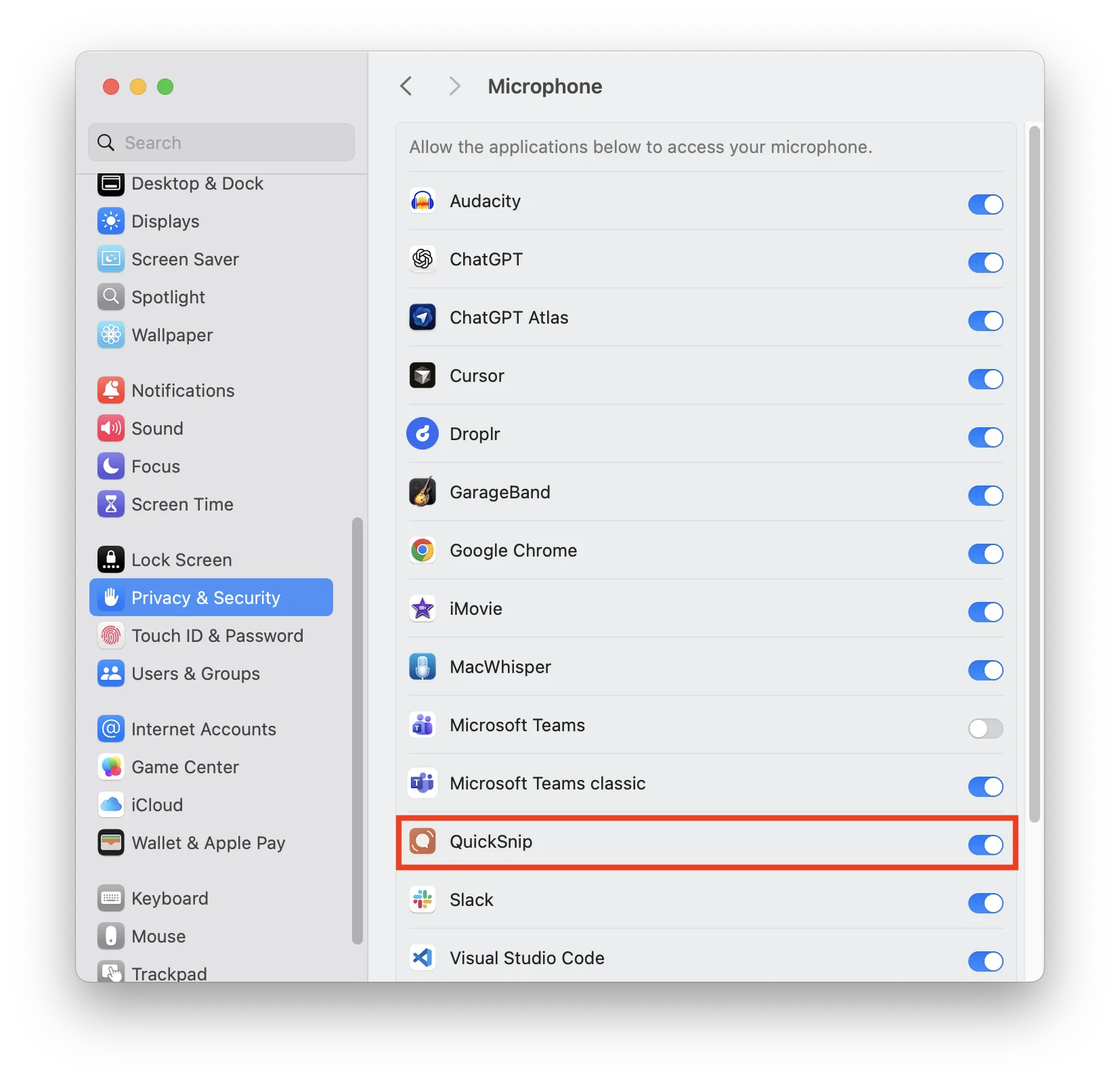 macOS System Settings showing Microphone permission with QuickSnip toggled on