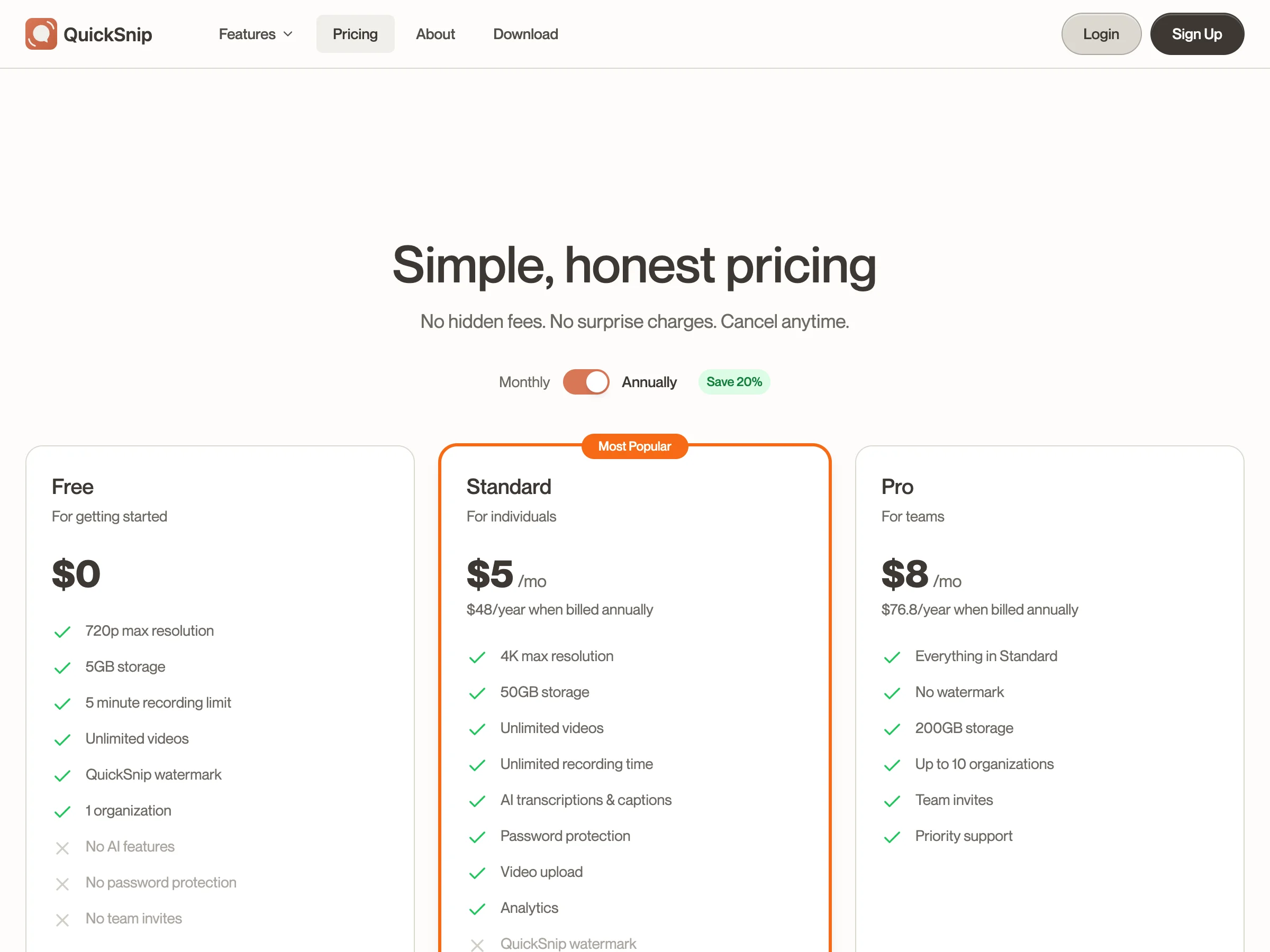 QuickSnip pricing page showing Free, Pro, and Team tiers