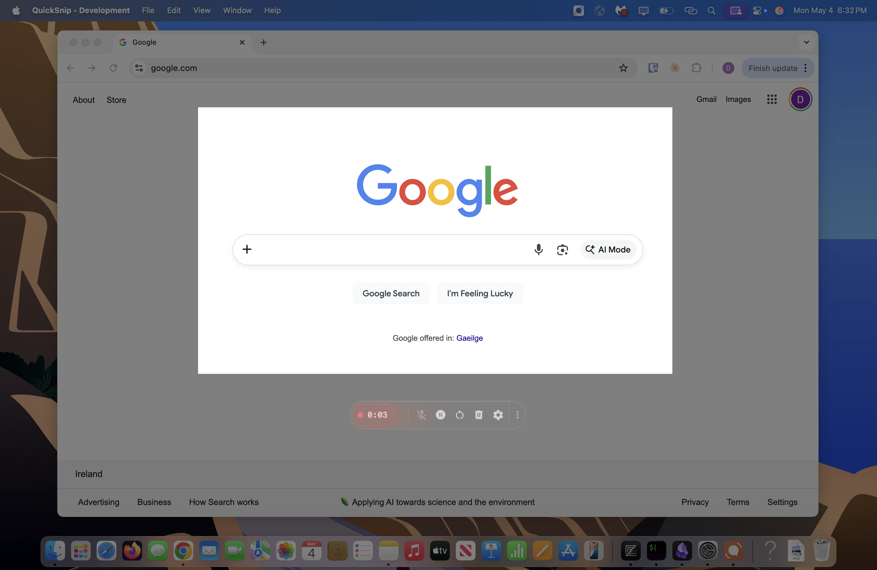 QuickSnip recording in progress showing timer and control bar at the bottom of the screen