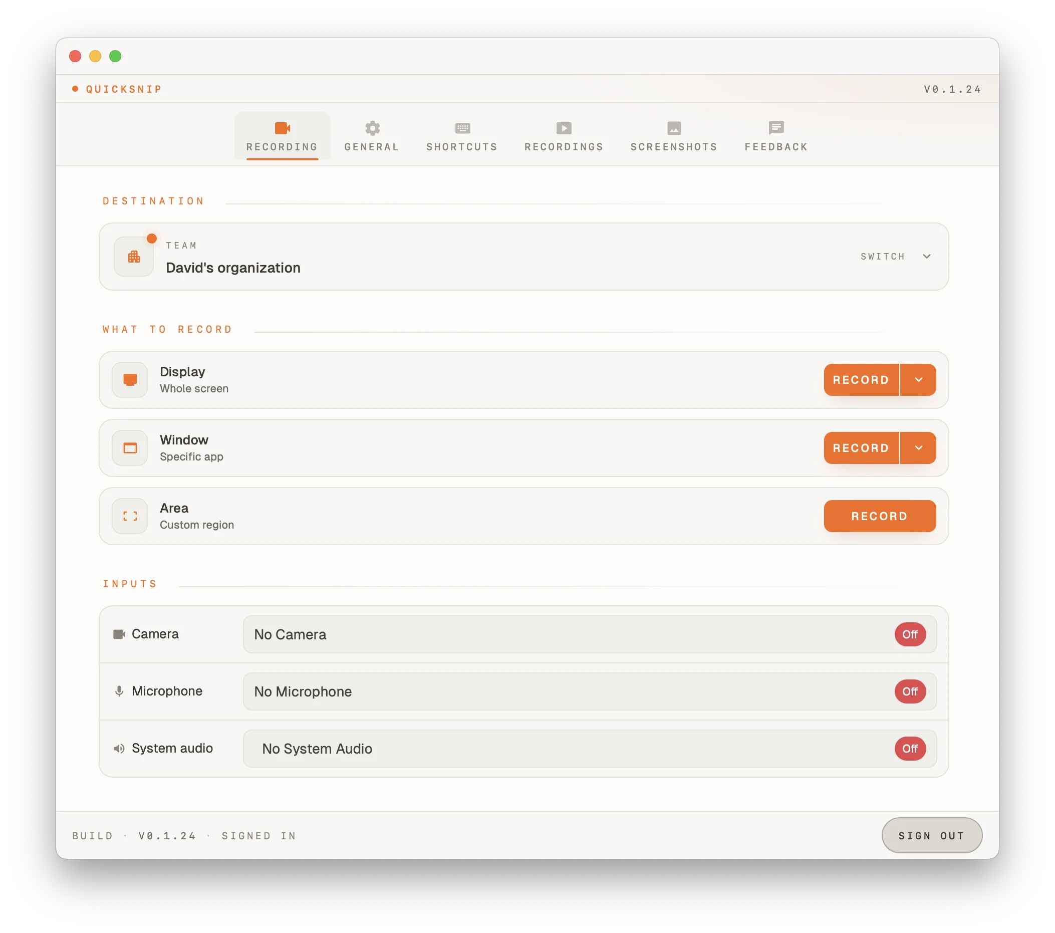 QuickSnip recording panel showing Instant and Studio mode tabs