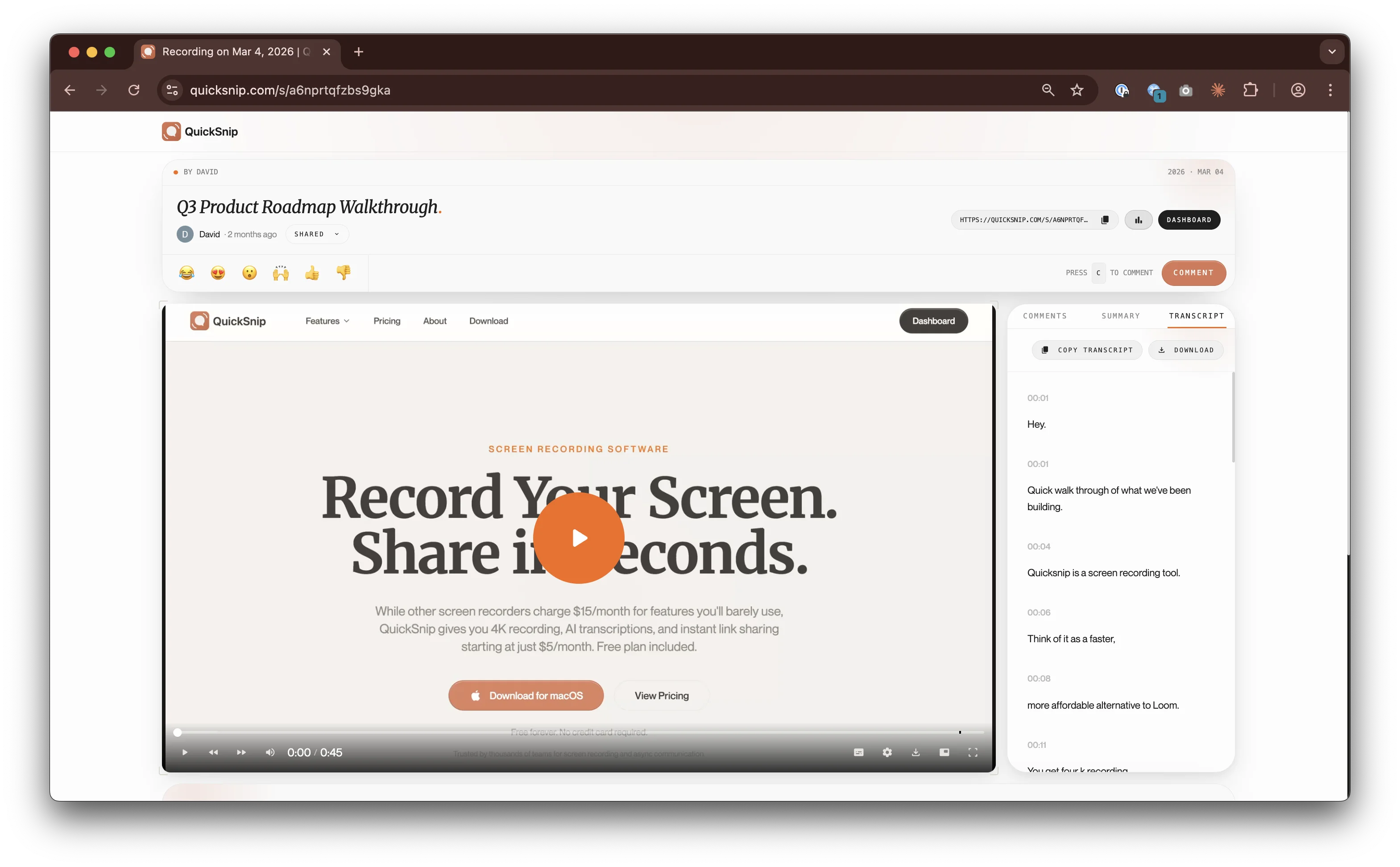 QuickSnip share page with video player, comments sidebar, and transcript tabs
