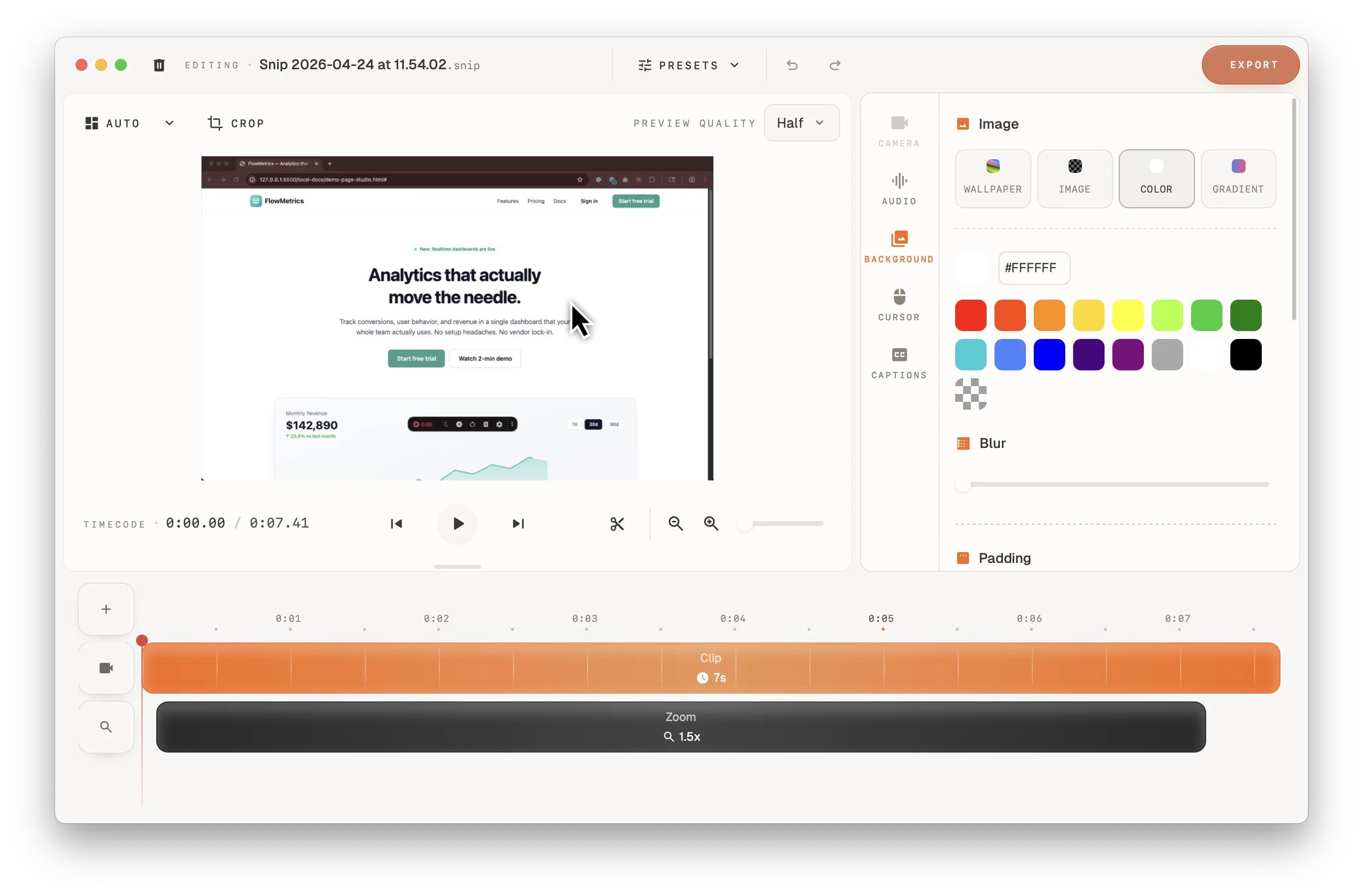 QuickSnip studio editor with video preview, timeline, and editing controls