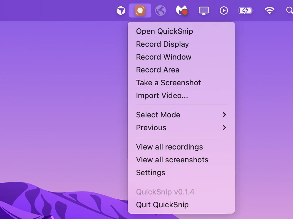 QuickSnip menu bar tray icon showing recording options and settings