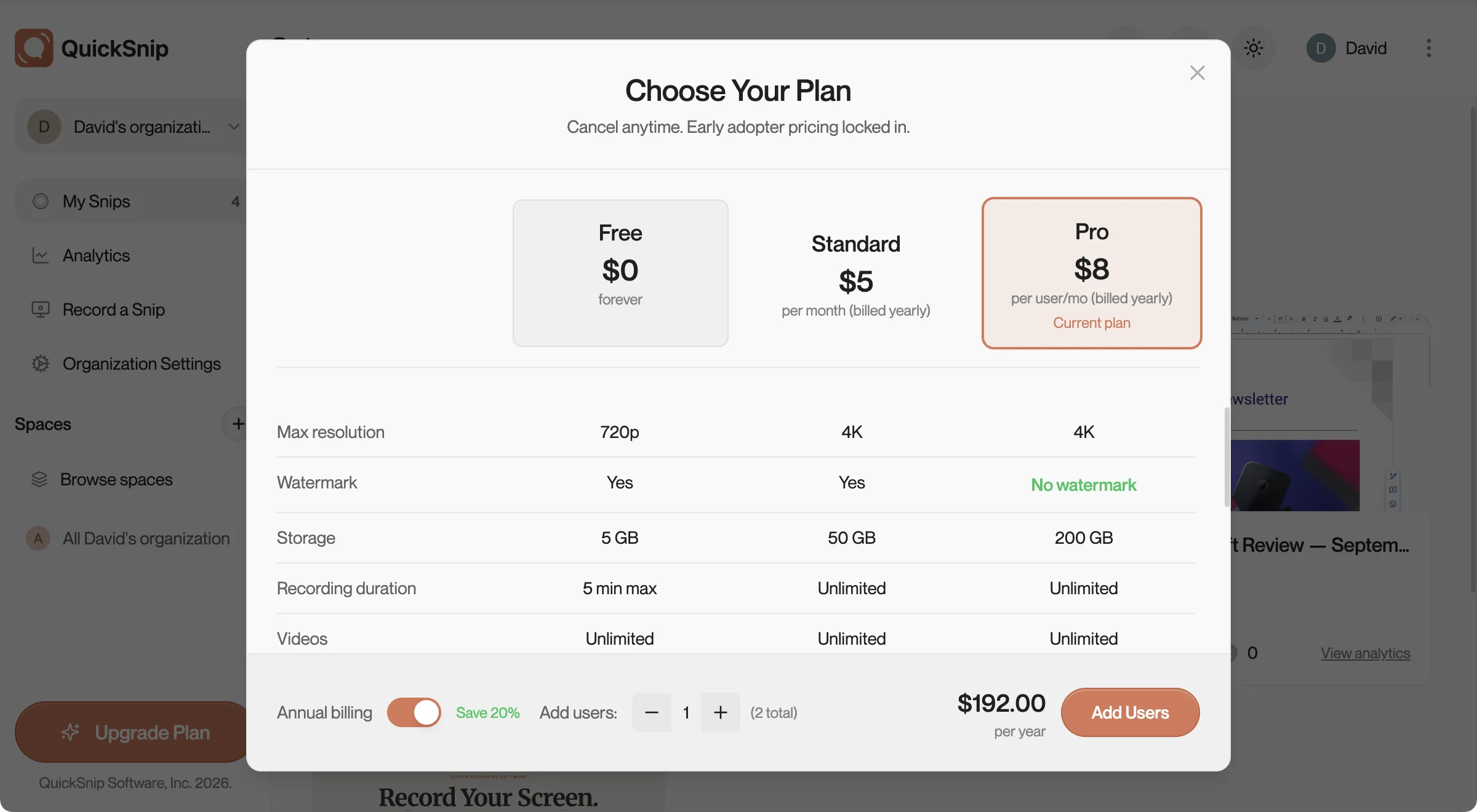 Choose Your Plan modal showing Free, Pro, and Team options